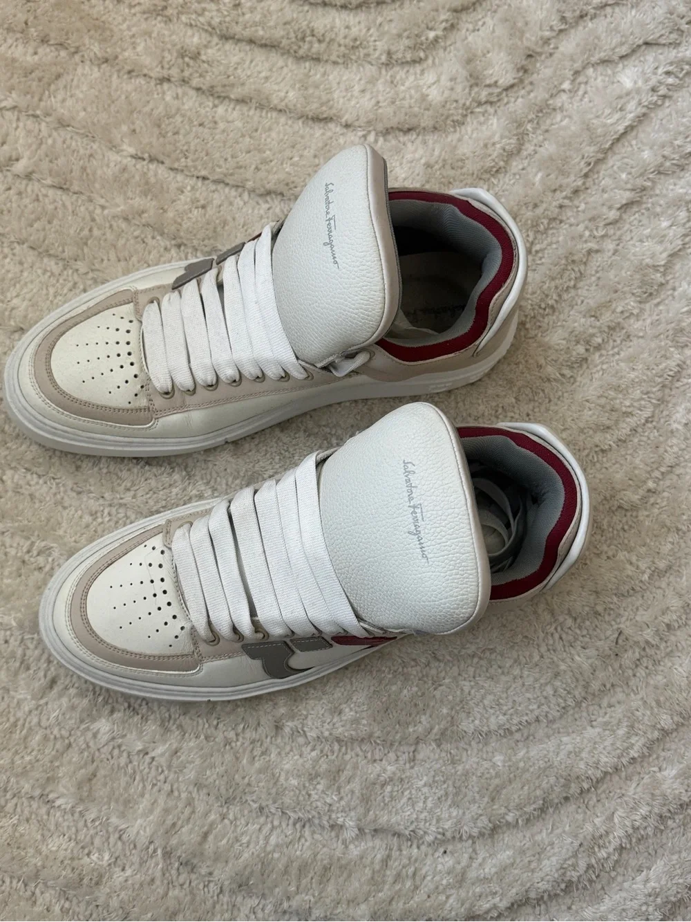 Salvatore Ferragamo White, Beige & Red Men's Sneakers